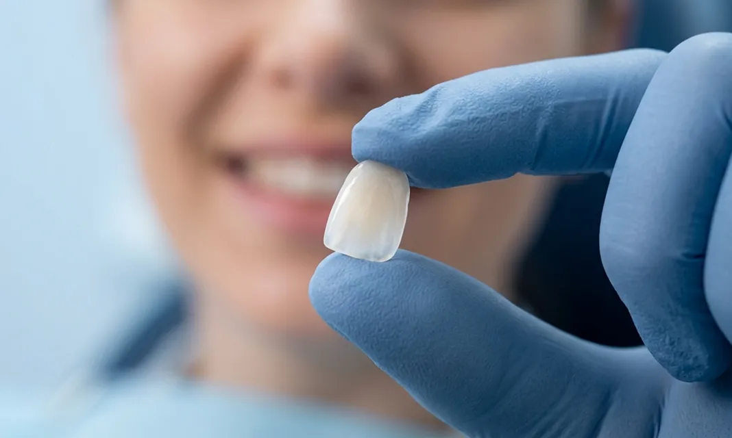 Carilla de porcelana sostenida con guantes frente a una sonrisa