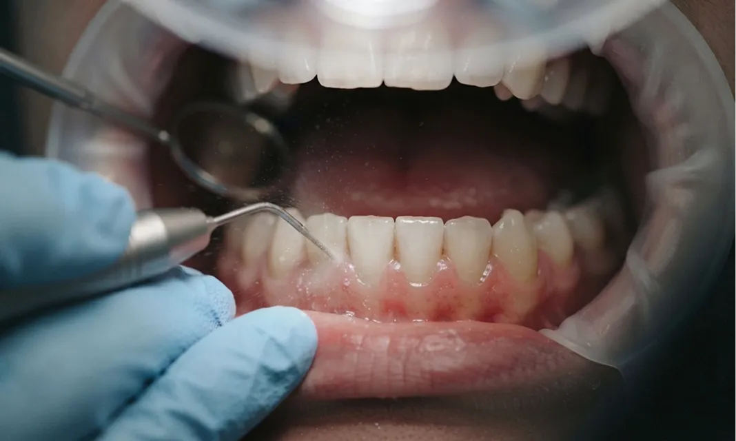 Limpieza dental con instrumental sobre los dientes superiores