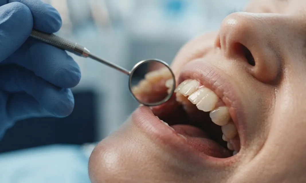 Espejo y explorador dental examinando un diente de una paciente
