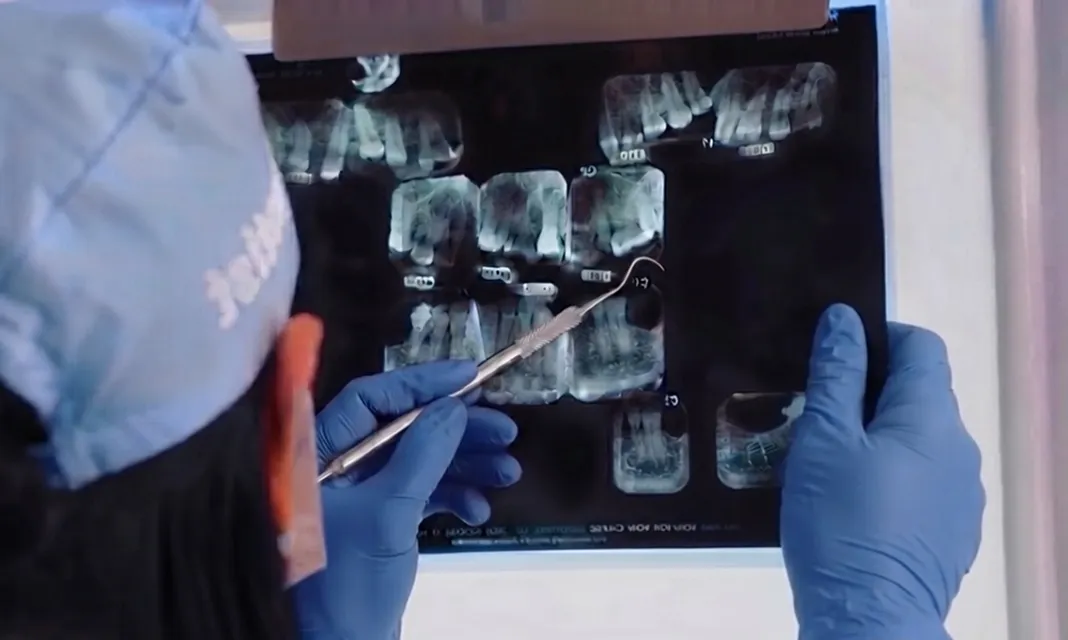 Odontóloga revisando una serie de radiografías dentales