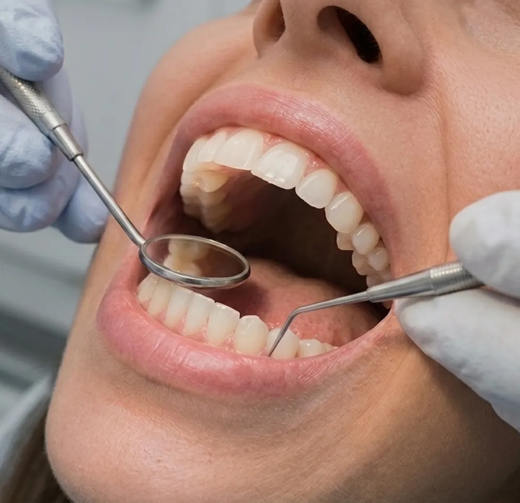 Odontóloga revisando los dientes de una paciente con espejo y explorador