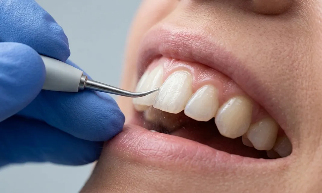 Limpieza dental con un instrumento ultrasónico sobre los dientes superiores