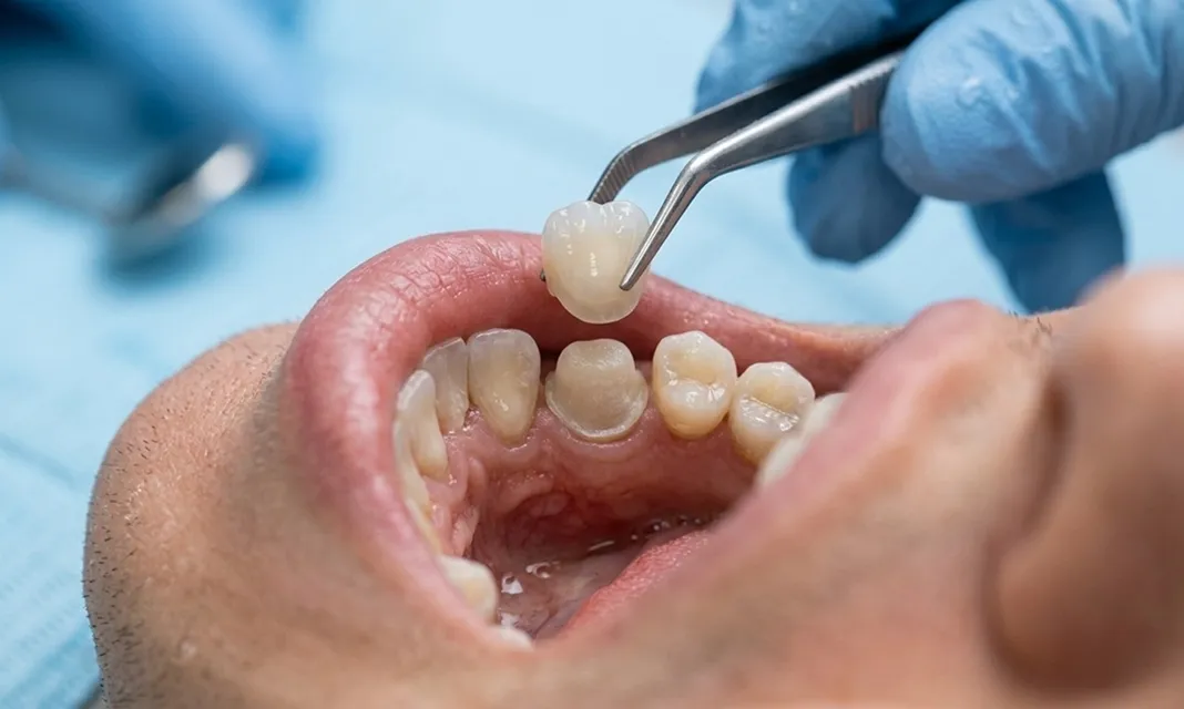 Colocación de una corona dental con pinzas