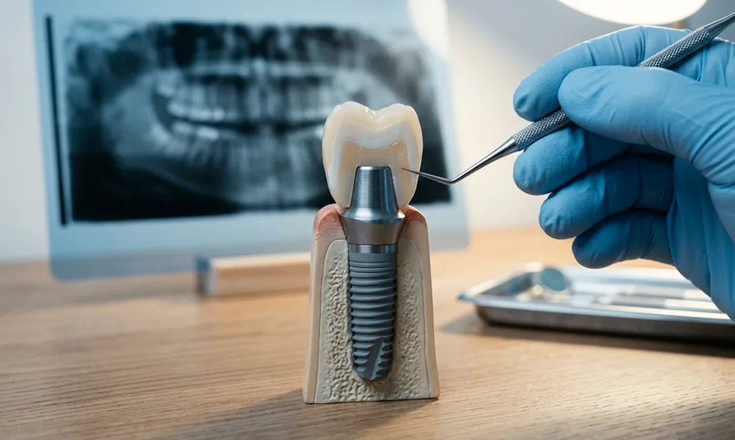 Modelo de un implante dental con su corona