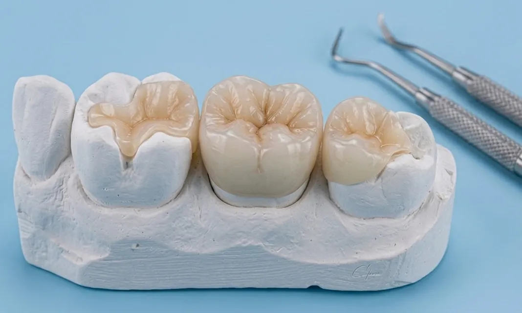 Incrustaciones dentales terminadas sobre un modelo de yeso