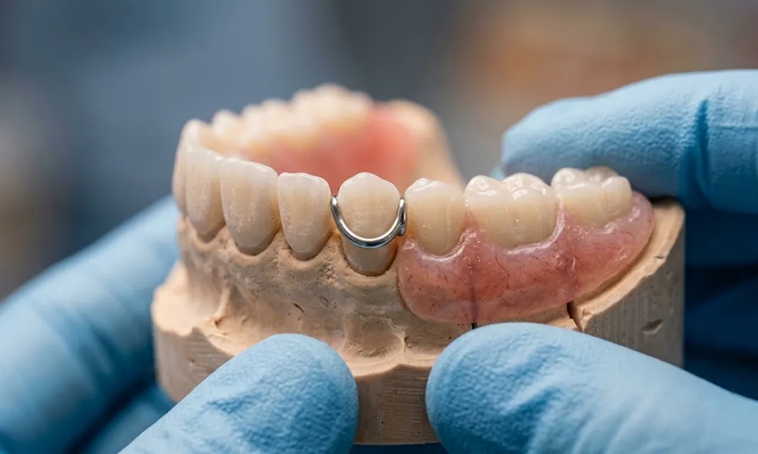 Prótesis dental removible sostenida con guantes